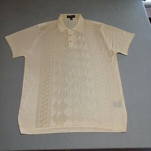 Saint Lorenzo Mens XXL Cream Geometric Textured Knit Short Sleeve Polo Shirt